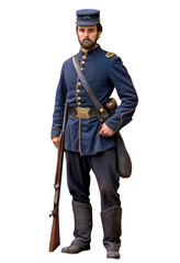 Civil war soldier -  Blue uniform - Transparent PNG background. Holding a musket. Bearded man. Colorized and restored old photography style.  - obrazy, fototapety, plakaty