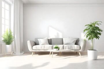 White empty room with plant. Living room interior. 
