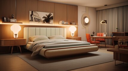 a cozy mid-century modern bedroom with minimalist decor and a touch of retro charm.