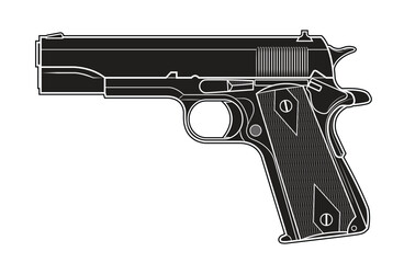 Vector illustration of the Colt 1911 automatic pistol with diamonds on the facings on the white background. Black. Left side.