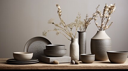Fototapeta na wymiar a mid-century crockery collection in a harmonious composition with natural textures and elements, exuding timeless charm
