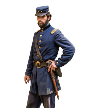 Civil war soldier -  Blue uniform - Transparent PNG background. Bearded man. Colorized and restored old photography style. 