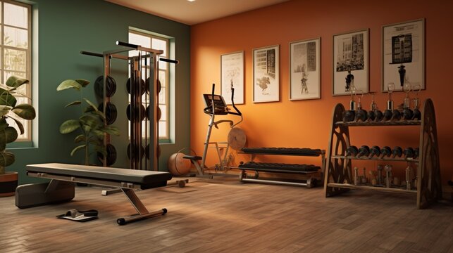 a mid-century home gym with vintage exercise equipment and motivating wall art