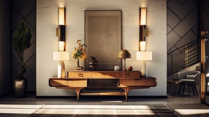 a mid-century modern entryway with a striking console table and unique lighting fixtures