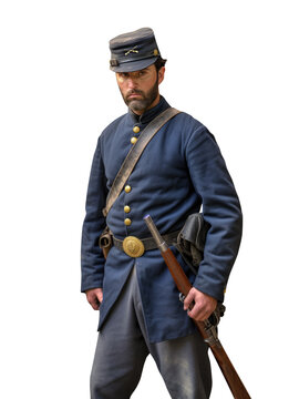 Civil war soldier -  Blue uniform - Transparent PNG background. Holding a Musket. Colorized and restored old photography style. 