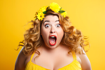 Surprised obese woman with wide eyes and open mouth on yellow background.