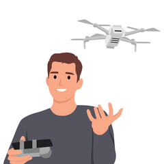 Young man with drone quadrocopter, Remote aerial drone with a camera taking photography or video recording game, isometrics businessman. Flat vector illustration isolated on white background