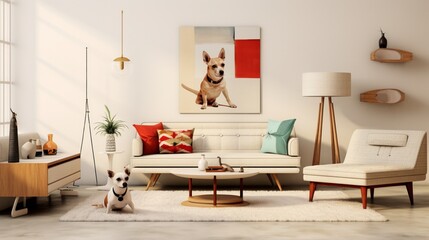 a mid-century modern pet-friendly living room with pet beds and playful pet accessories