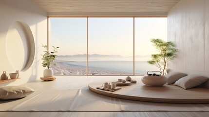 a serene mid-century meditation room with minimalistic decor and soft, neutral colors.
