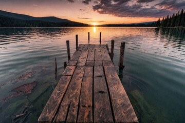 Obraz premium Beautiful empty wooden pathways with trees and a blue sky, the calm ocean with the beautiful sunset over the horizon
