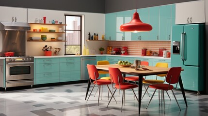 a stylish mid-century kitchen with clean lines, vintage appliances, and a splash of color.