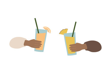 Afro women hands celebrating with nonalcoholic healthy cocktails. Holiday black hands hold different types of juice.