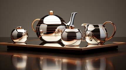 a stunning mid-century modern teapot and cups on a sleek countertop