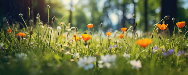 The landscape of colorful flowers in a forest with the focus on the setting sun. Soft focus	