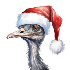 Ostrich wearing a Santa Claus hat for Christmas, isolated - obrazy, fototapety, plakaty