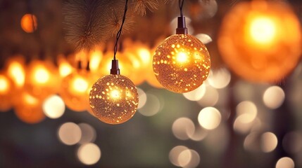 Fototapeta premium Golden Christmas balls on fir branches with bokeh lights background.