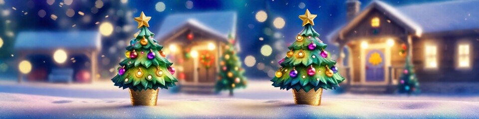 Christmas trees banner on blurred background, background for your design