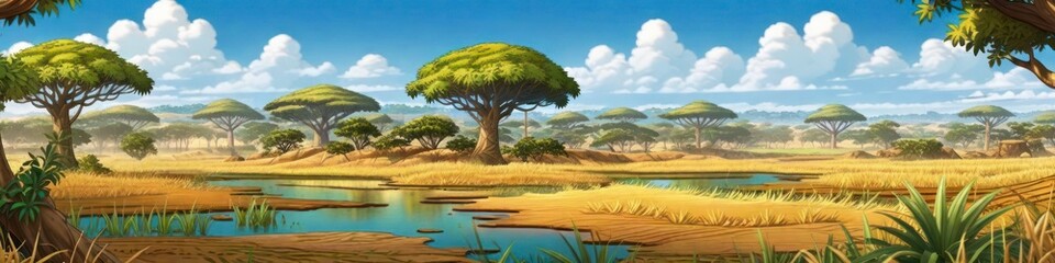 Obraz premium Banner panorama of bright savannah nature, background for your design
