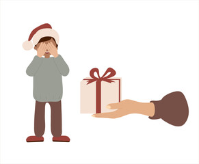Christmas surprise box gift in woman hand for a kid. Smiling child in hat of Santa Claus covers his face with hands and waits for xsmas gift.