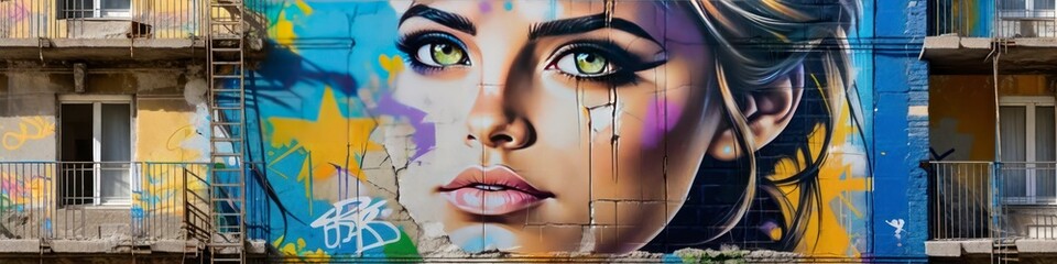 Abstract banner painted on old dilapidated house wall with girl's face, background for your design for Women's Day