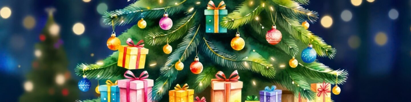 Christmas tree banner with toys and presents, background for your design
