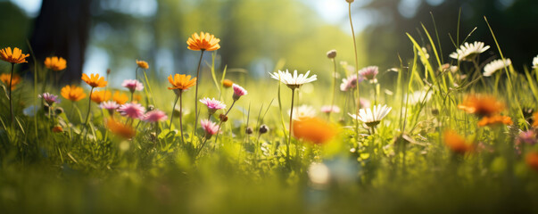 The landscape of colorful flowers in a forest with the focus on the setting sun. Soft focus 