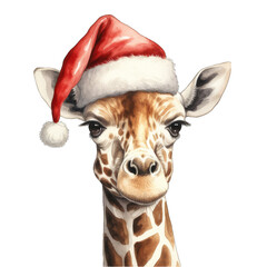 Cute giraffe head wearing a santa hat, isolated