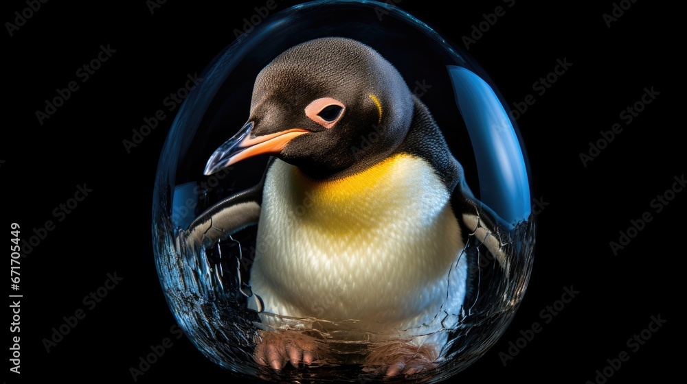 Poster a close up of a penguin in a ball on a black background with a reflection of it's head. generative a