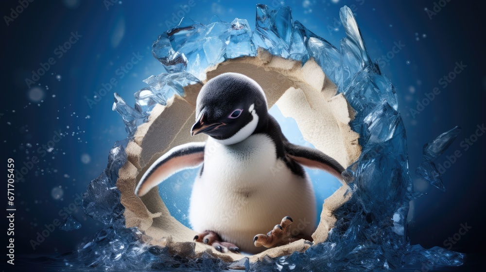 Aufkleber a penguin with a hole in the middle of it's body is surrounded by ice and ice flakes. generative ai