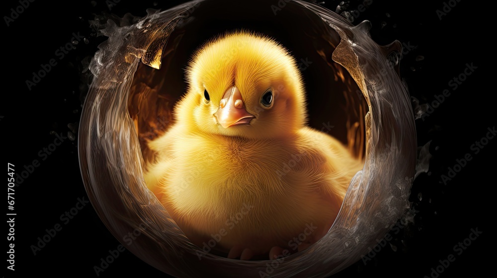 Poster a close up of a small yellow duckling in a round hole with water splashing on it's sides. generative