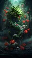Obraz na płótnie Canvas Traditional Asian green dragon close up, green background. 2024 Chinese New Year zodiac sign. AI Generative