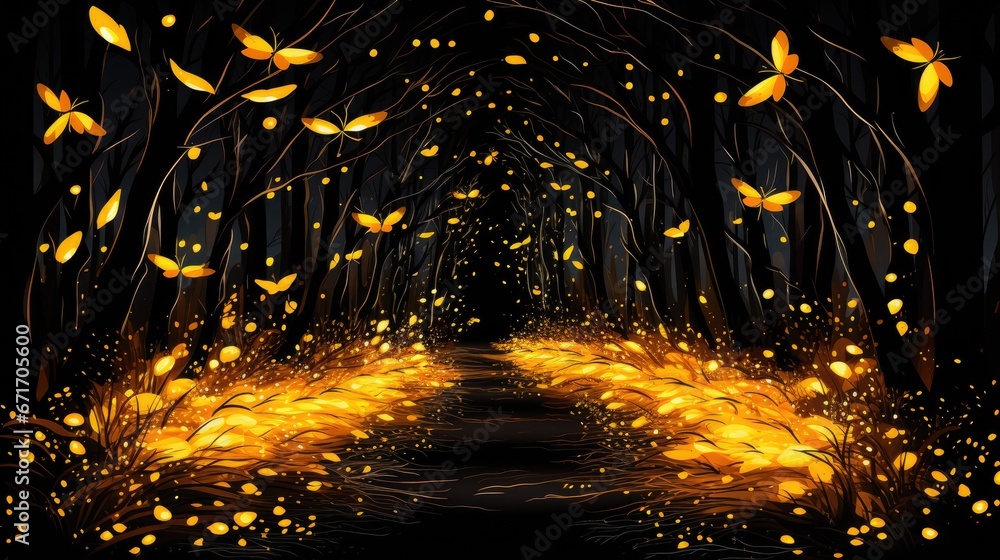 Poster a painting of a dark forest with lots of yellow leaves on the trees and a path leading to the light 