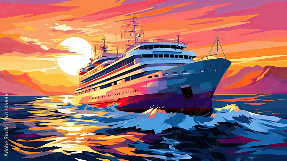 Poster a painting of a cruise ship sailing in the ocean with the sun setting in the background and clouds i
