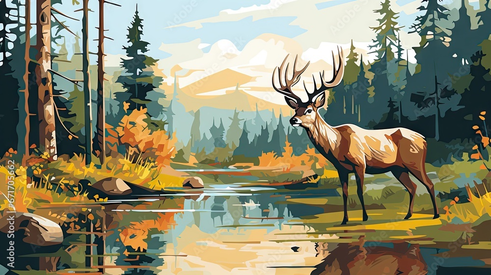 Poster a painting of a deer in a forest by a river with a mountain in the background and trees in the foreg