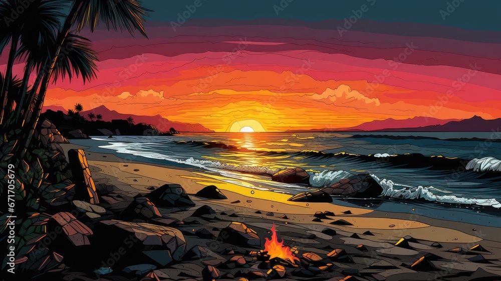 Poster a painting of a sunset on a beach with a fire pit in the foreground and palm trees in the foreground