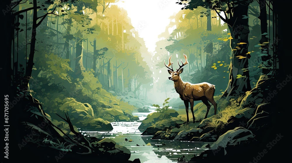 Poster a painting of a deer standing in the middle of a forest with a stream running through the middle of 