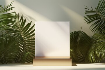 3D box podium with palm leaves against a summer background. Generative AI