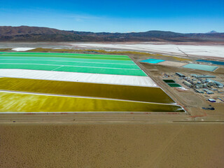 Aerial view of lithium fields / evaporation ponds in the highlands of northern Argentina, South...
