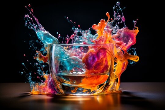 Colorful liquid explosion with bubbles and foam in a chilled glass. Generative AI