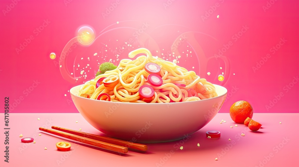 Aufkleber a bowl of noodles with chopsticks next to it on a pink surface with bubbles coming out of it. genera