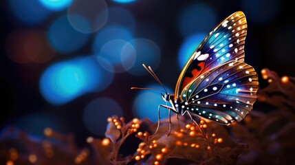 Fototapeta na wymiar a close up of a butterfly on a plant with blurry lights in the background and a blurry boke of lights in the background. generative ai