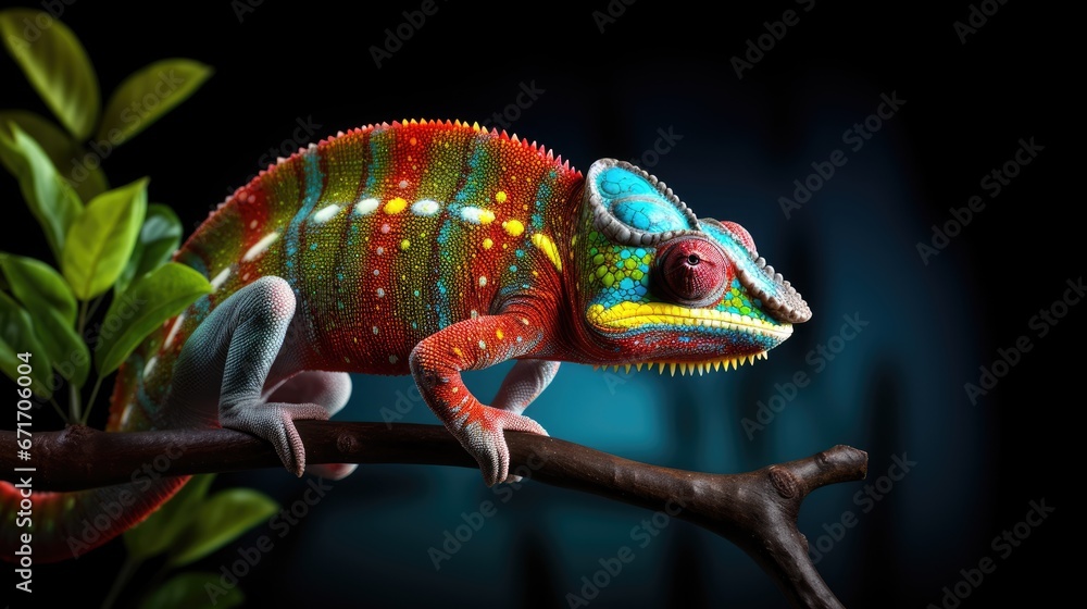 Poster a colorful chamelon sitting on a branch in front of a dark background with leaves in the foreground.