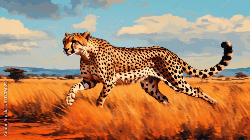 Aufkleber a painting of a cheetah running through a field of dry grass with clouds in the sky in the backgroun