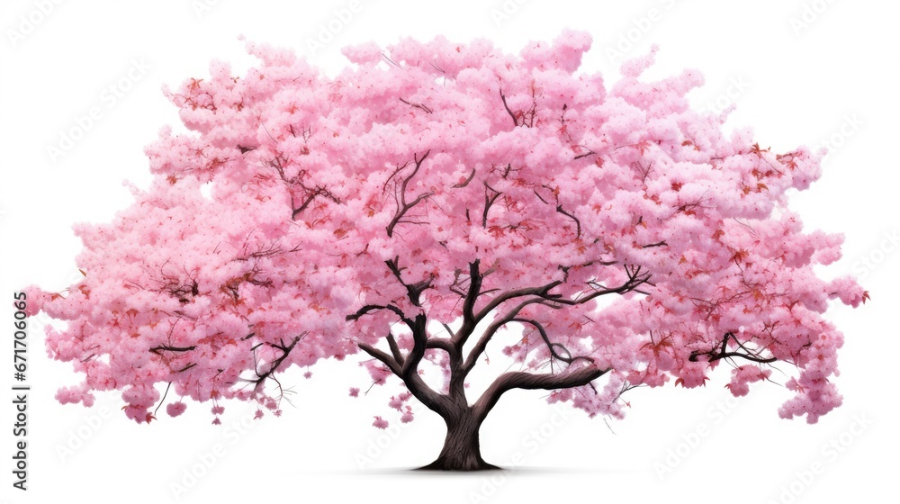 Poster a pink tree with lots of leaves on it's branches and a white background with a white sky in the back