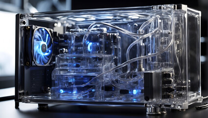 A liquid cooling system with a transparent reservoir showing the coolant flow for a gaming rig. Generative AI