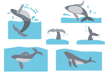 Set with whales, World Whale Day banner or card, ecology concept stop ocean pollution, vector