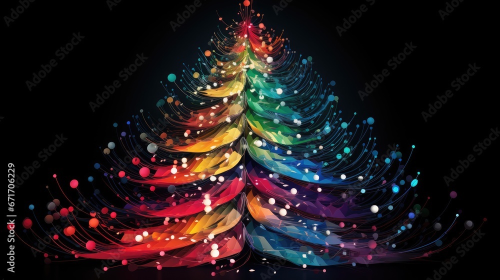 Poster a multicolored christmas tree on a black background with confetti in the shape of a christmas tree. 