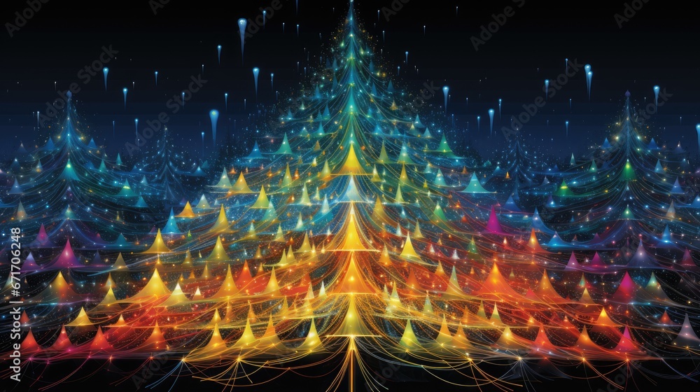 Poster a computer generated image of a christmas tree surrounded by bright lights and a star in the middle 