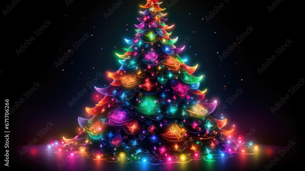 Poster a brightly lit christmas tree on a black background with stars and snowflakes on the bottom of the t
