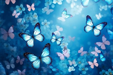 Abstract blue artwork featuring butterflies. Generative AI